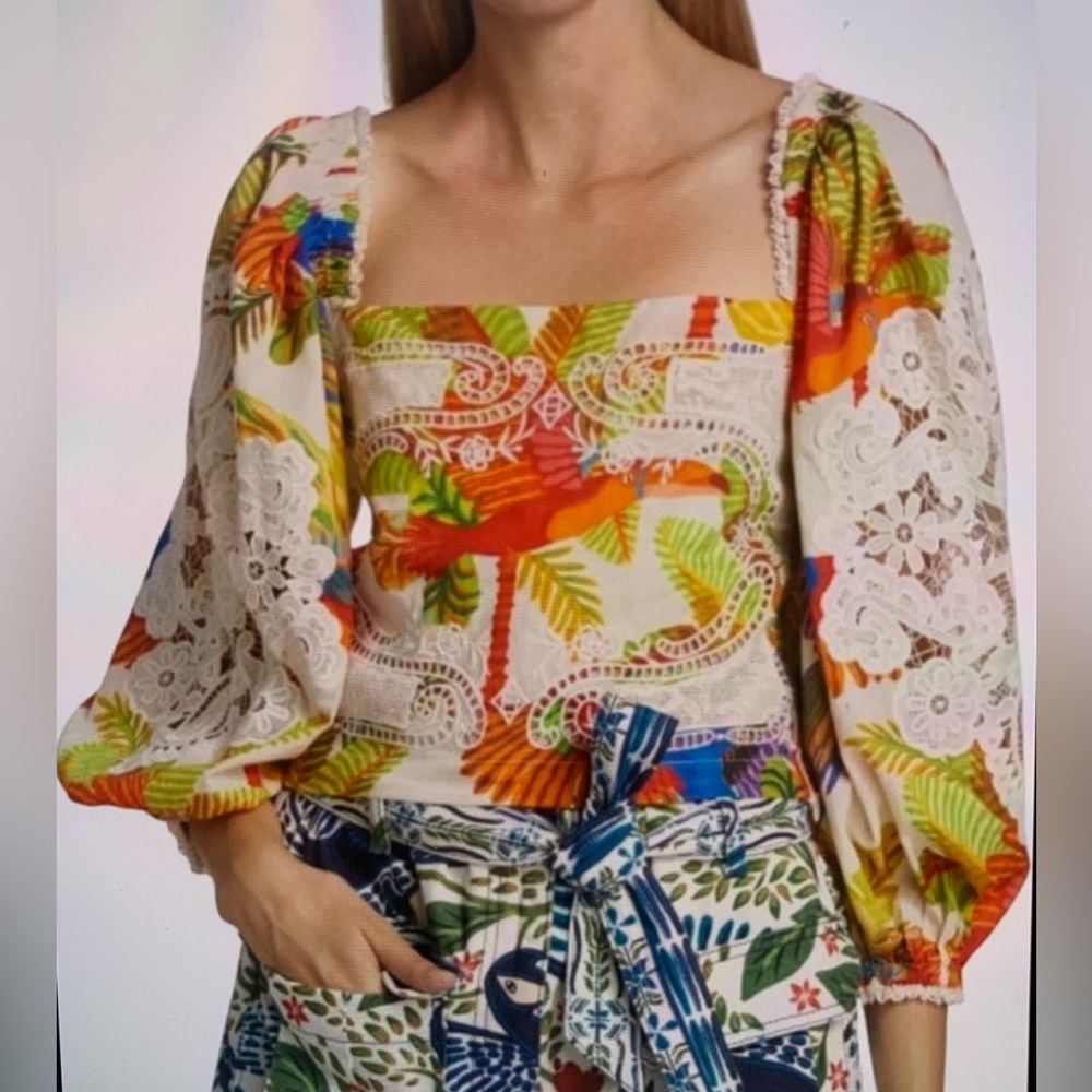 Farm Rio Boohoo Forest Birds Crop Blouse Top Embroideries Size Medium